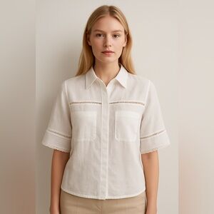 Ellen Tracy Linen Short Sleeve Button Down Blouse White XS